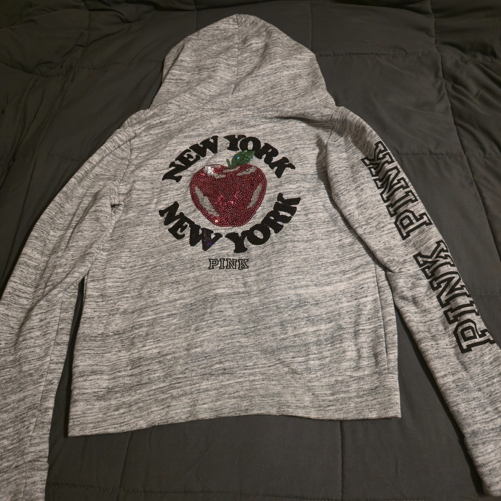 PINK Victoria's Secret Gray Hoodie with Red Sequin Apple Vintage
